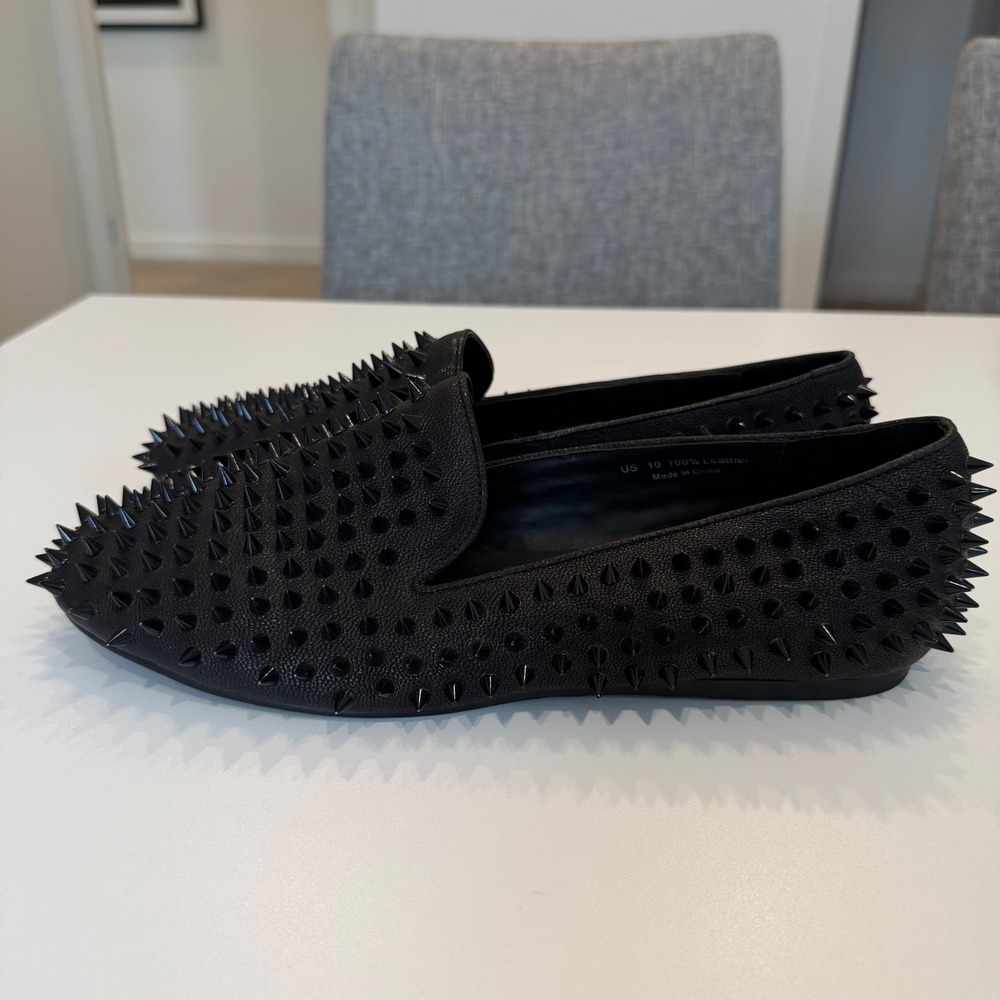 UNIF Mens Black Leather Black Spiked Studded Loafers Slip On Shoes Size 10